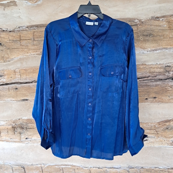Kim Rogers Tops - Kim Rogers NWOT Royal Blue Satin Rayon/Polyester Blouse Size 2X